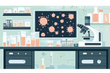 Aufkleber - Laboratory setting with microscopes, test tubes and digital bacteria visuals in a research environment. Generative AI