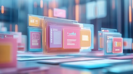 Poster - digital workspace with colorful online documents and data visualization concepts in a futuristic ai 