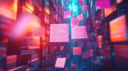 Poster - digital representation of online document approval concept with floating papers in a futuristic envi
