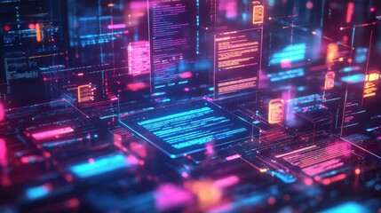Poster - futuristic digital interface for online document approval and ai concept with vibrant neon lights