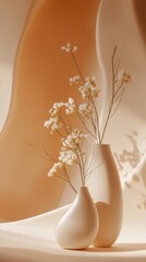 Poster - Delicate flowers in soft vases sit gracefully against flowing organic forms. Warm hues envelop the arrangement, creating a tranquil atmosphere filled with elegance and simplicity