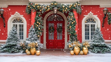 Poster - A bold red Christmas backdrop adorned with sparkling golden ornaments and soft snow effects.