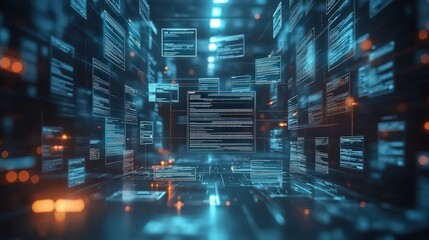 Poster - futuristic digital workspace with floating data blocks representing online document approval and art