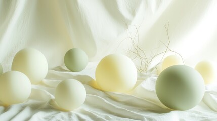 Poster - A collection of gradient spheres in pastel sage green and muted tones rests on flowing white fabric, creating a tranquil atmosphere. The delicate arrangement promotes a sense of serenity and artistry