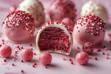 Poster - A red velvet truffles, with one cut open to reveal the vibrant color inside and sprinkled pink and white Valentine's Day candies on top, set against a pastel background.