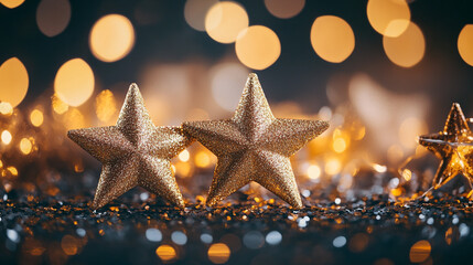 Poster - Sparkling golden stars illuminated by soft bokeh lights create a festive atmosphere