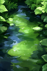 Sticker - A serene waterway surrounded by lush green foliage, reflecting light and creating a tranquil natural scene.