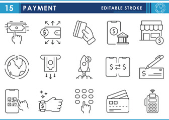 Poster - A set of line icons related to Payment. Pay, wallet, digital, online, cardless, worldwide, buy, cheque, transfer, withdrawal, shopping, and so on. Vector editable stroke.