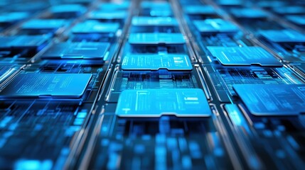 Poster - abstract technology background featuring detailed blue data cards interconnected on a digital grid f