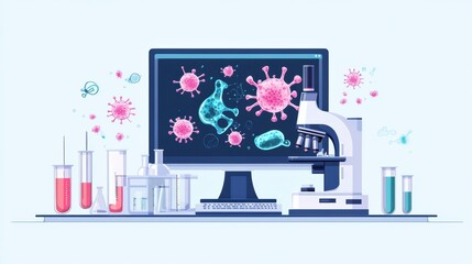 Aufkleber - Laboratory setting with advanced equipment showcasing bacteria visuals on computer monitor and various test tubes. Generative AI