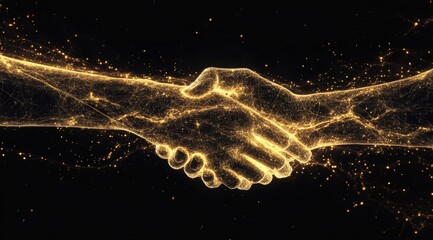 Wall Mural - Handshake in a digital style, with golden lines and glowing particles on a black background. 