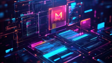 Poster - futuristic abstract interface with glowing elements representing document management systems in a co