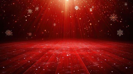 Poster - A polished red gradient with scattered snowflakes and radiant light beams.