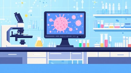 Aufkleber - Laboratory setting with modern microscopes, test tubes, and bacteria visuals on a monitor during a research session. Generative AI