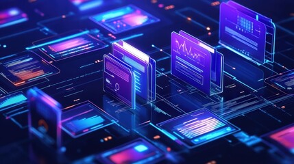 Poster - digital interface with floating document management system elements and data visualizations in futur