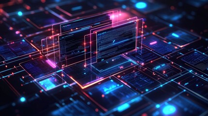 Poster - futuristic digital interface with layered data screens and abstract technology background for docume