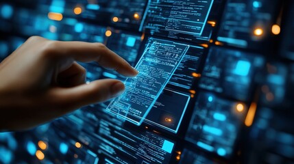 Poster - Futuristic Technology Concept with Hand Interacting with Data Display on Digital Screen Focusing on Data Transfer and Interaction in Modern Environment