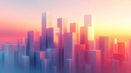 Wall Mural - Futuristic city skyline at sunset, vibrant colors, abstract buildings.