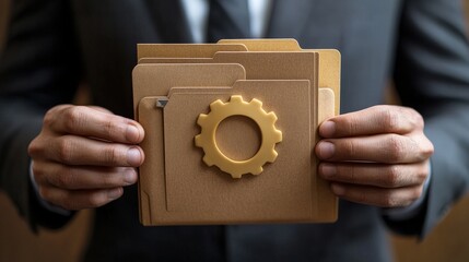 Poster - professional man holding golden gear icon with document folders for file management concepts in busi