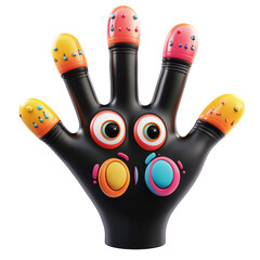Aufkleber - A 3D rendering of a black hand with colorful finger tips, large expressive eyes, and additional colorful circular decorations.