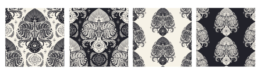 Wall Mural - Black and white abstract botanical Damask seamless patterns set. Floral abstract repeat monochrome background.