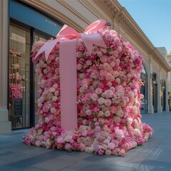 Poster - An extravagant outdoor installation featuring a massive pink gift box with a large bow at the top. The box appears to be tilted, as if spilling out a cascade of vibrant pink and pastel flowers.