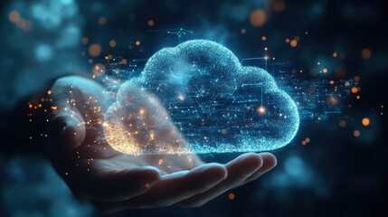Poster - electronic document management concept with cloud storage and data flow visual representation in a b