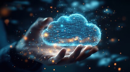 Poster - abstract representation of digital cloud technology with glowing particles and electronic connection