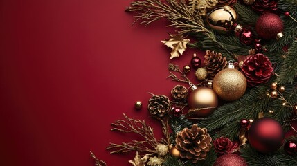 Poster - A sleek red background adorned with shimmering holiday decorations and golden accents.