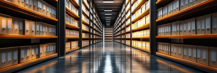 Poster - Organized Archive Room with Neatly Arranged Rows of Files and Bright Lighting Creating a Professional Atmosphere for Document Storage