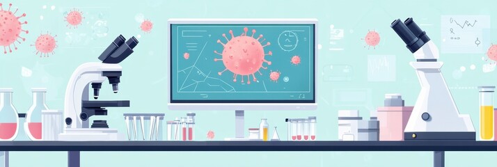 Fototapete - Laboratory setup with microscopes and test tubes showcasing bacteria visuals on a computer monitor. Generative AI