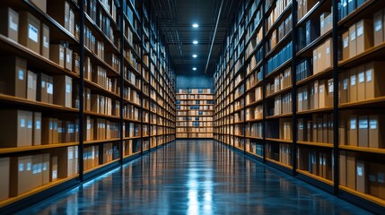 Poster - Organized Archive Room with Rows of Storage Boxes and Shelves, Brightly Lit, Perfect for Backgrounds and Professional Use in Media and Design