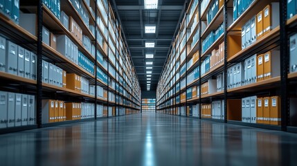 Poster - Organized Archive Room with Rows of Colorful File Boxes in a Modern Storage Facility