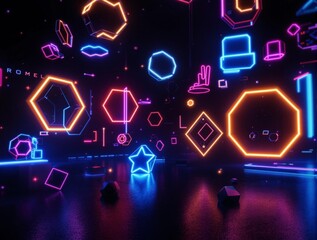 Aufkleber - 3D render of a dark room with various neon shapes and lights floating in the air, creating a vibrant and futuristic atmosphere. The shapes include hexagons, triangles, and other geometric forms, each 