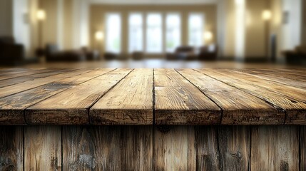 Poster - Wooden tabletop with blurred room.