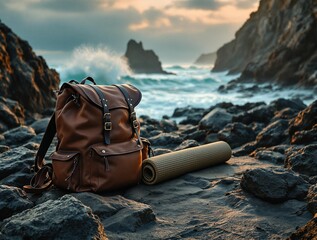 Poster - mountainous landscape with a rugged, rocky terrain near the water's edge. A backpack and a rolled-up sleeping mat are placed on the rocks, suggesting a camping or hiking activity.
