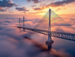 Poster - large bridge with white cables hanging from it. The bridge is mostly white with some purple and yellow lights underneath it.