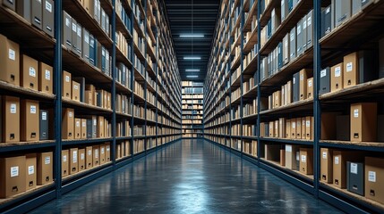 Poster - Organized archive room with rows of neatly arranged boxes on shelves, creating a sense of order and clarity in a storage space