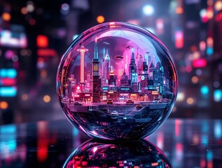 Poster -  futuristic cityscape inside a crystal ball, with neon lights and vibrant colors creating a cyberpunk atmosphere. The reflection of the city on the glass surface adds depth to the image.