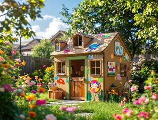 Poster - colorful, whimsical playhouse in a garden setting, surrounded by flowers and greenery. The playhouse has various decorations and paintings, giving it a playful and artistic appearance.