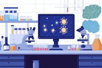 Aufkleber - Laboratory workspace featuring microscopes and bacterial visuals on monitor. Generative AI