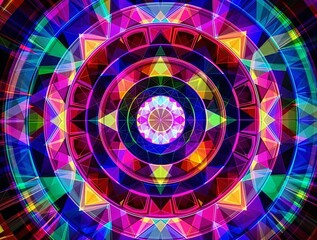 Aufkleber - vibrant, colorful, and symmetrical digital artwork featuring intricate geometric patterns and shapes arranged in concentric circles. The colors are bright and varied, creating a visually stimulating e