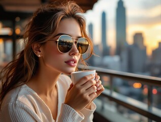 Poster - A woman is holding a coffee cup while wearing sunglasses and a white sweater. She is standing on a balcony with a cityscape in the background.