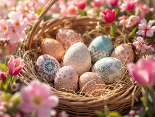 Poster - straw basket filled with various decorated eggs, surrounded by colorful flowers.