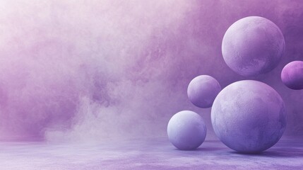 Poster - Soft pastel purple spheres emerge from a gentle mist, floating gracefully in an imaginative landscape that captures a sense of tranquility and wonder at twilight
