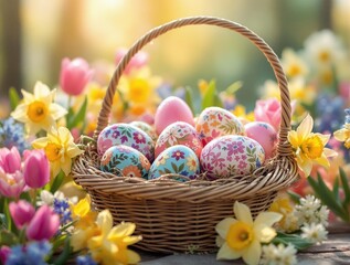 Poster - wicker basket filled with colorful Easter eggs surrounded by a variety of spring flowers in the background.