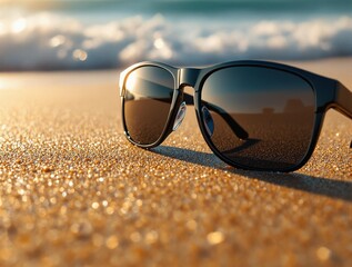 Poster - A pair of sunglasses is placed on a sandy beach with waves in the background. The sun is shining, casting a warm glow over the scene.
