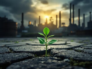 Aufkleber - sprout growing out of a concrete pavement, with a background that includes an industrial setting with smoke and a setting sun.