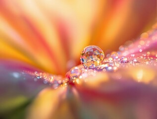 Fototapete - close-up of a colorful flower with a single water droplet on its petals. The background is blurred, with shades of orange and pink.