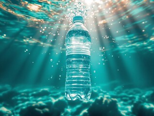 Fototapete - clear plastic water bottle submerged underwater, with light rays shining through the water, creating a serene and underwater ambiance.